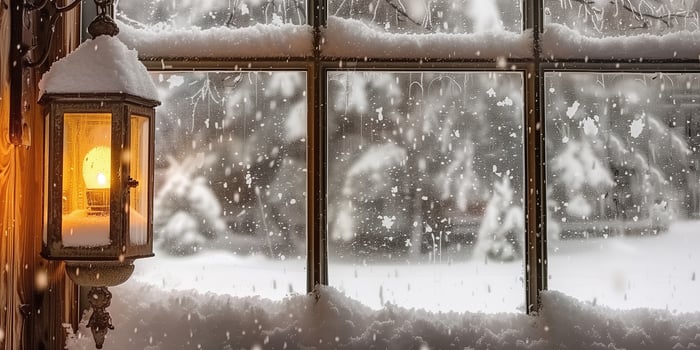 Cozy winter interior with snow-covered window and warm lantern light photo