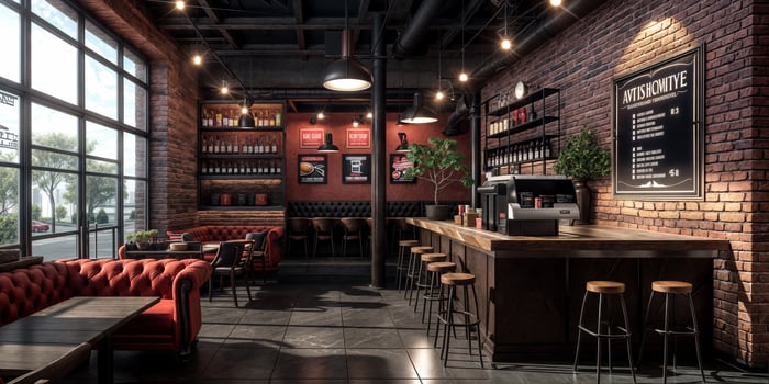 Stylish cafe interior with brick walls and cozy seating near a large window photo