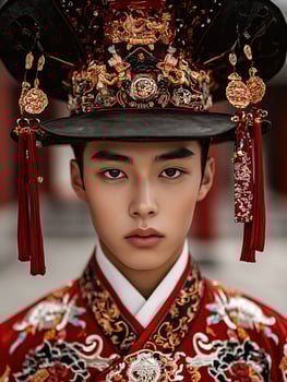 Portrait of a young man in traditional Chinese outfit showcasing intricate details and elegance photo