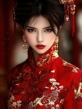 Portrait of a woman in traditional Chinese dress showcasing vibrant red embroidery photo