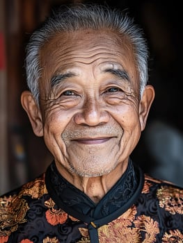 Elderly man in traditional Chinese outfit smiling warmly in a cultural setting photo