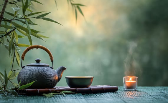 Relaxing tea preparation with a traditional teapot and candlelight in a serene bamboo setting at twilight photo