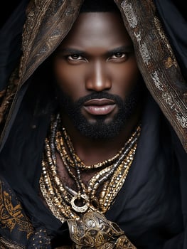 Portrait of a person in traditional attire with intricate jewelry and a dark cloak photo