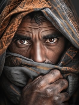Portrait of a Black person in traditional outfit with a striking expression and detailed garment photo