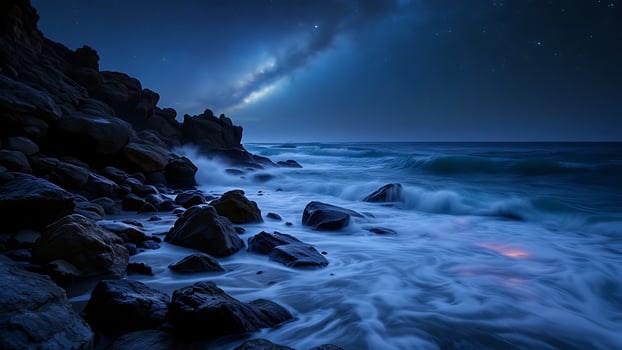 A rocky seashore at night with waves photo