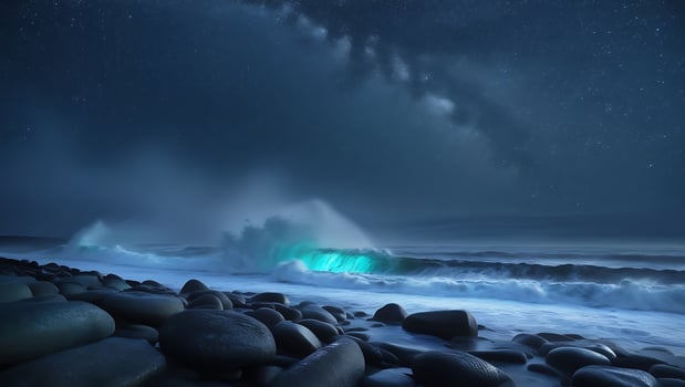Waves crashing against a rocky seashore at night photo