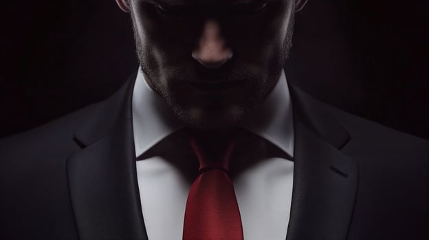 Enigmatic figure in dark attire with a striking red tie in a shadowy setting photo
