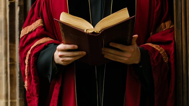 Scholar in dark academy robes reading an ancient book by the doorway in an old building photo