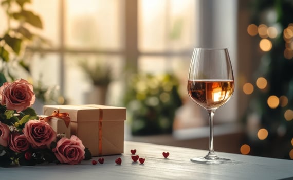 Elegant setup with two wine glasses, a bouquet of red roses, and a gift box on a table with soft shadows at photo