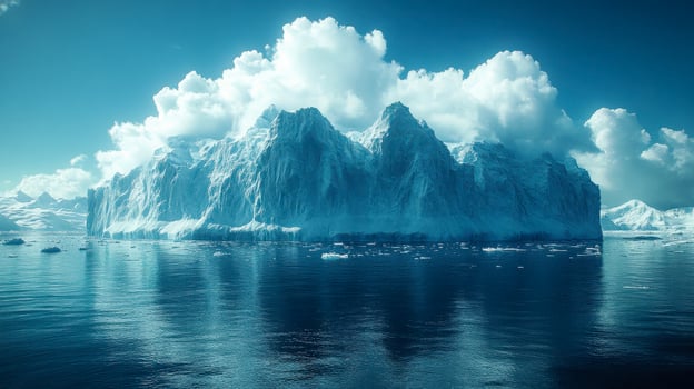 An iceberg floating in the ocean with clouds photo