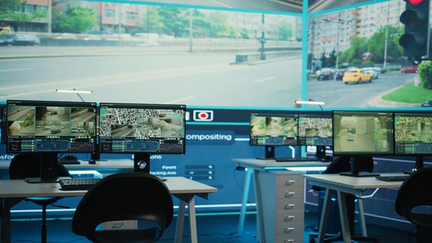 Public agency office station equipped with satellite CCTV camera system, monitoring traffic through surveillance footage. Running plate recognition via big brother high tech. photo