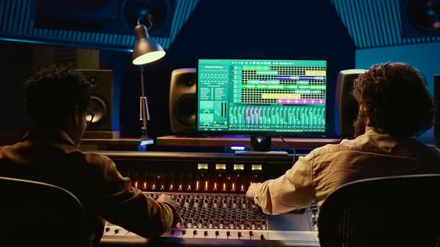 Team of artist and technician editing audio after recording session in control room, mixing and mastering tracks on console in control room. Pressing buttons and pushing sliders. Camera B. photo