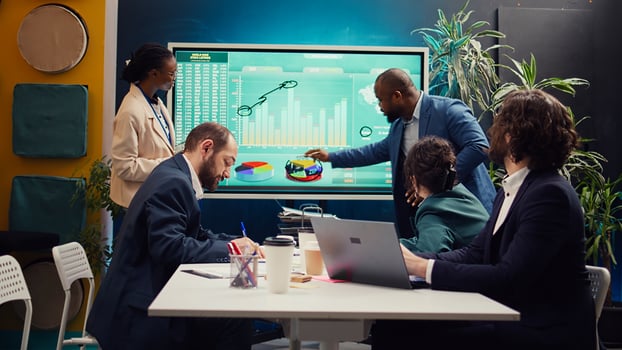 Financial analysts team evaluating market trends and infographics, reviewing business intelligence strategies to leverage data insights for decision making purposes. Accounting group. Camera B. photo