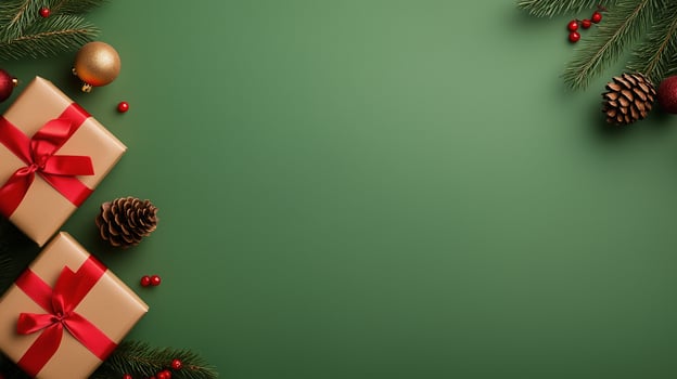Festive Holiday Scene With Gifts, Pinecones, Ornaments, And Green Background Celebrating Christmas Joy With Elegance And Seasonal Cheer For Greeting Cards Or Event Invitations photo