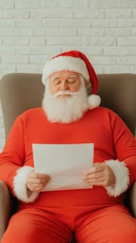 Santa Claus Reading Letters in Cozy Armchair by White Brick Wall for Christmas Holiday Tradition Conceptual Stock Photography with Warm Festive Seasonal Atmosphere photo