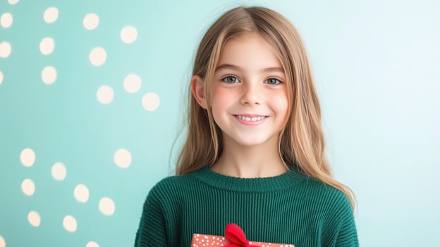 Preteen Girl Joyfully Holding Christmas Gifts with Bright Background Featuring Festive Decorations and Cheerful Atmosphere photo