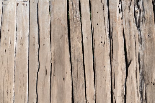 Closeup of weathered, light-colored wooden planks arranged vertically. photo