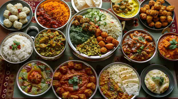 Indian food spread with curries, rice, and traditional dishes photo