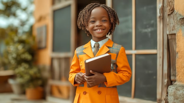An African child in a brightly colored school uniform stands outside the school building, holding a book in his hands and smiling photo