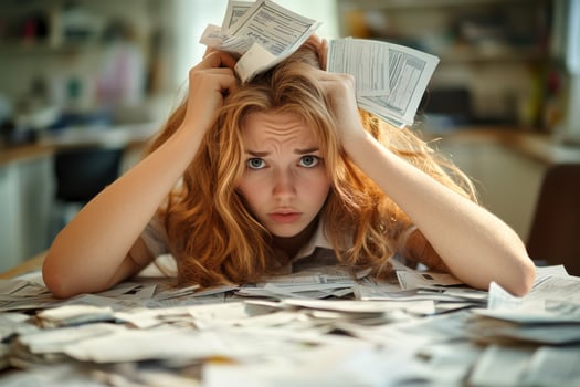 Stressed Young Woman Overwhelmed with Bills Represents Financial Anxiety and Modern Life Challenges photo