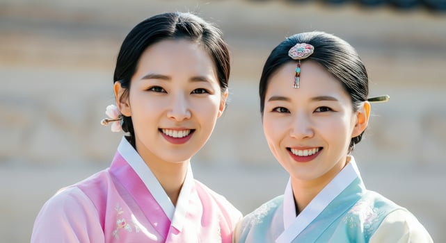 Traditional korean hanbok attire on young asian women smiling outdoors photo