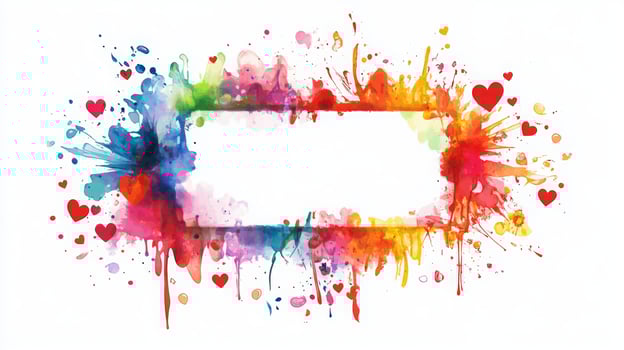 Vibrant watercolor splashes in rainbow colors surround a blank center, adorned with small hearts. This design offers a lively and cheerful backdrop suitable for invitations, posters, or artwork. photo