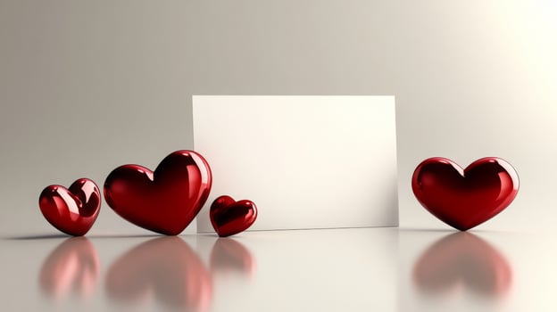 Four red heart shapes of varying sizes surround a blank card on a smooth reflective surface. This setup creates a warm and inviting atmosphere suitable for celebrations or heartfelt messages. photo