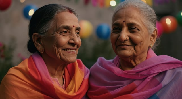 Elderly south asian women celebrating festival, wearing colorful traditional attire under festive lights photo
