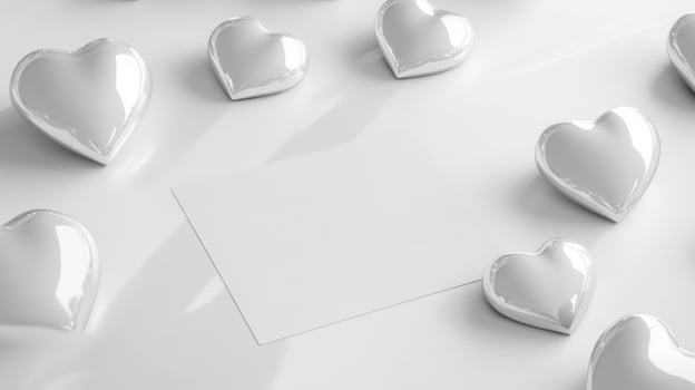 A variety of glossy white hearts are arranged around a blank card set on a bright, smooth surface. The design creates a romantic and elegant atmosphere suitable for special occasions or celebrations. photo