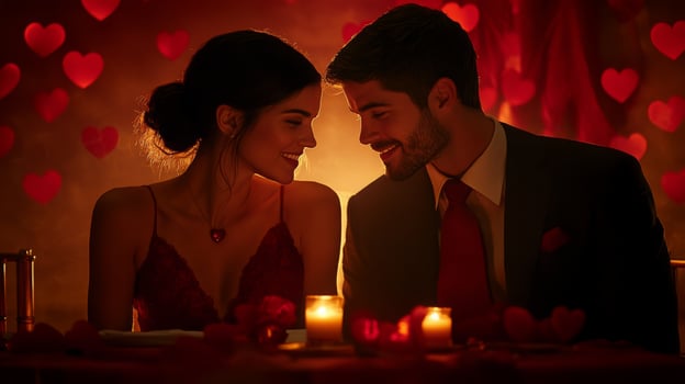 A couple shares a warm moment during a romantic dinner. Soft candlelight casts a glow on their faces, surrounded by heart decorations. Their expressions reflect love and intimacy. photo