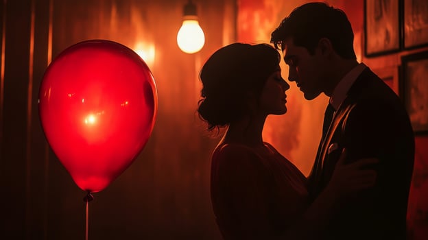 A couple embraces in a dimly lit space, captured in a tender moment. The atmosphere is enhanced by warm lighting and a vibrant red balloon, creating a dreamy ambiance. photo