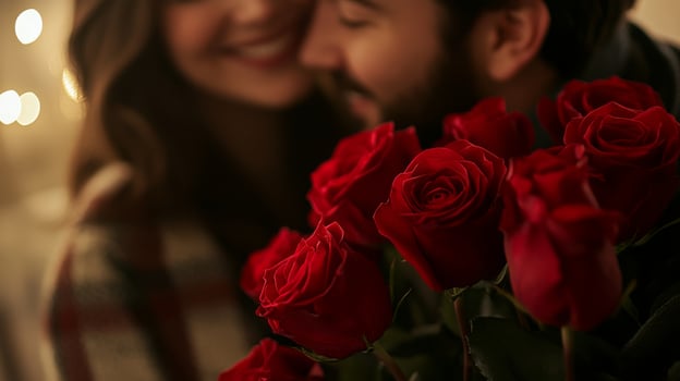 A couple shares a joyful moment, embracing each other closely with smiles. In the foreground, vibrant red roses add a touch of romance to the warm setting illuminated by soft lights. photo