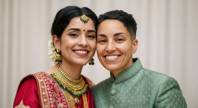 Joyful couple celebrating love in traditional indian attire for a festive occasion photo