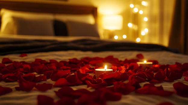 A cozy bedroom adorned with soft lighting and scattered rose petals creates a romantic atmosphere. Candles flicker gently, enhancing the intimate setting for a memorable evening together. photo