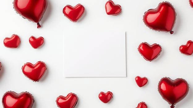 Red heart-shaped balloons surround a blank card on a white surface, creating a romantic atmosphere. This setup is ideal for expressing love, appreciation, or celebrating special moments. photo