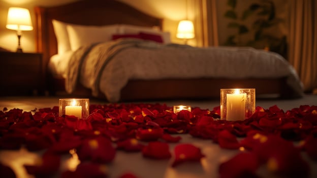 A cozy bedroom features a bed neatly made with soft bedding. A path of red rose petals leads to three glowing candles, creating an intimate atmosphere perfect for a romantic evening. photo