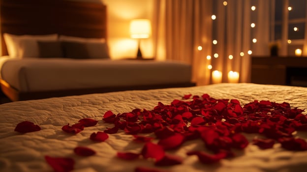 A cozy bedroom features a soft bed adorned with red rose petals, creating a romantic atmosphere. Warm lighting from bedside lamps and candles enhances the intimate setting for a special evening. photo