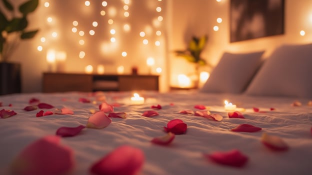 A cozy bedroom is adorned with soft lighting and flickering candles, enhancing the romantic atmosphere. photo