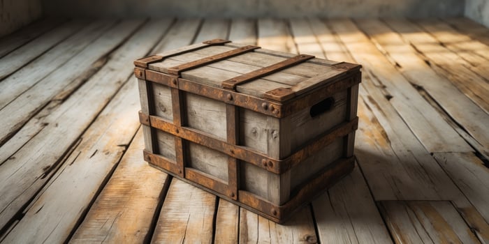 Wooden Crate Rests on Weathered Wooden Floor photo