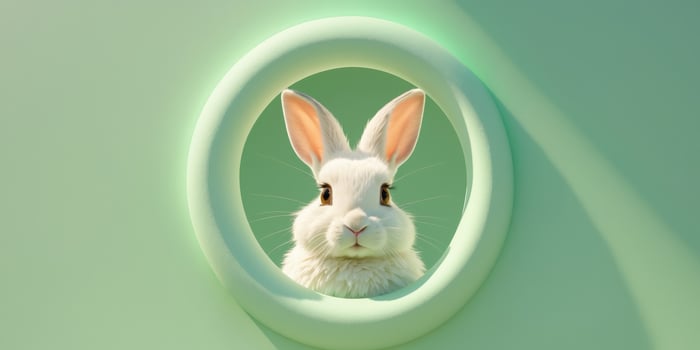 White rabbit peeking from a hole in a mint green background during daylight hours photo