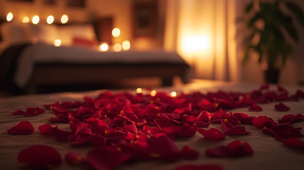 A cozy bedroom is softly illuminated by warm candlelight. Rose petals are scattered across the bed, creating a romantic atmosphere perfect for a special occasion or intimate evening. photo