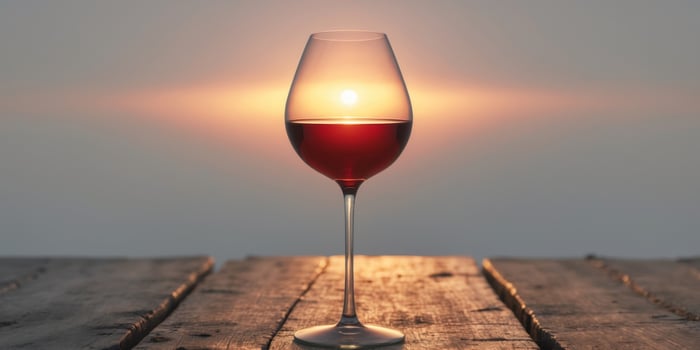 Elegant Red Wine Glass Positioned on Wooden Table with Sunset Glow photo