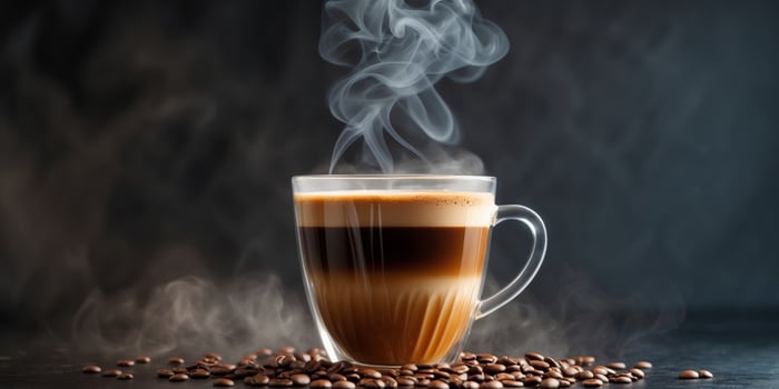 Steaming coffee layered drink with elegant mood on dark background with copy space photo