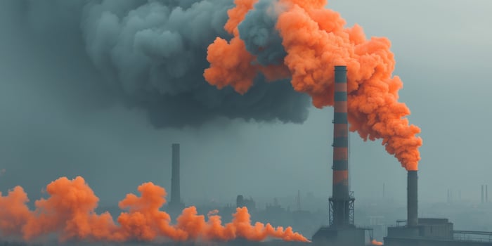 Industrial chimney releasing orange toxic smoke into foggy atmosphere photo