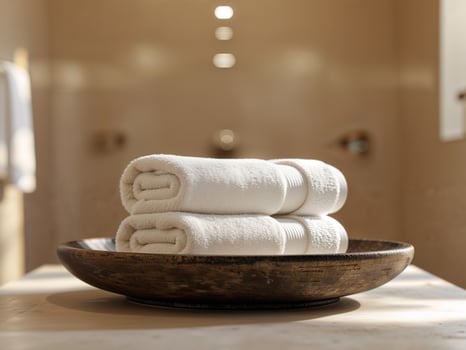 blurred bathroom background with towels on wooden plate for product display montage photo