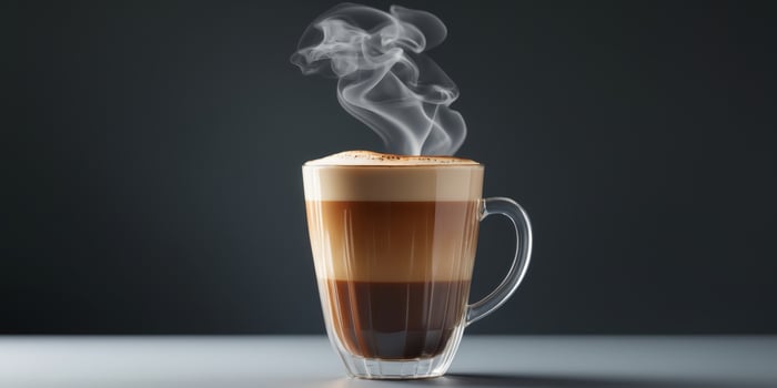 Steaming coffee layered drink with elegant mood on dark background with copy space photo