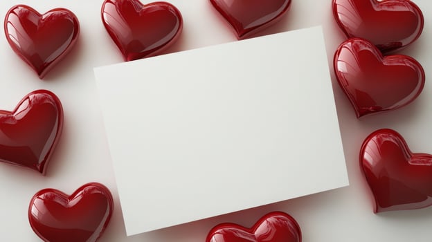A collection of shiny red heart-shaped decorations circles a blank white card, perfect for expressing love or crafting invitations for special occasions. Ideal for romantic gestures. photo