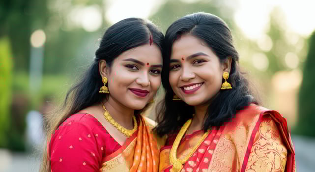 Joyful celebration of friendship between two young indian women in traditional attire for cultural event photo
