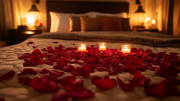 A beautifully arranged bedroom features a bed adorned with rose petals and glowing candles. The warm light creates an intimate atmosphere perfect for a romantic evening or celebration. photo