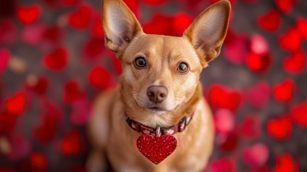 A playful dog sits in a bed of vibrant heart decorations, radiating charm and warmth. Its shiny collar adds a delightful touch to the festive atmosphere, perfect for celebrating love. photo